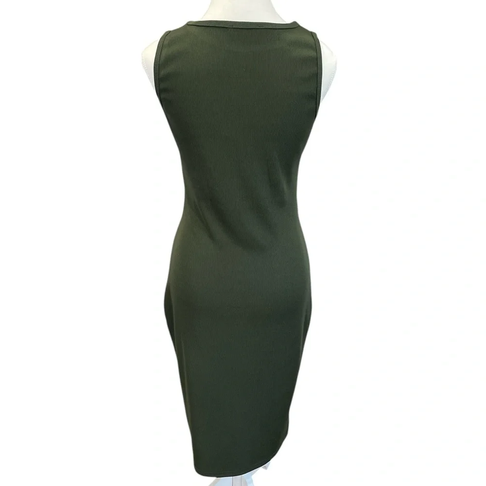 Khaki Green Sleeveless Ribbed Midi Dress Size Small Pretty Garden - Picture 3 of 5